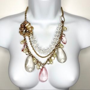 Faceted Clear Pink Gold Bow Statement Necklace